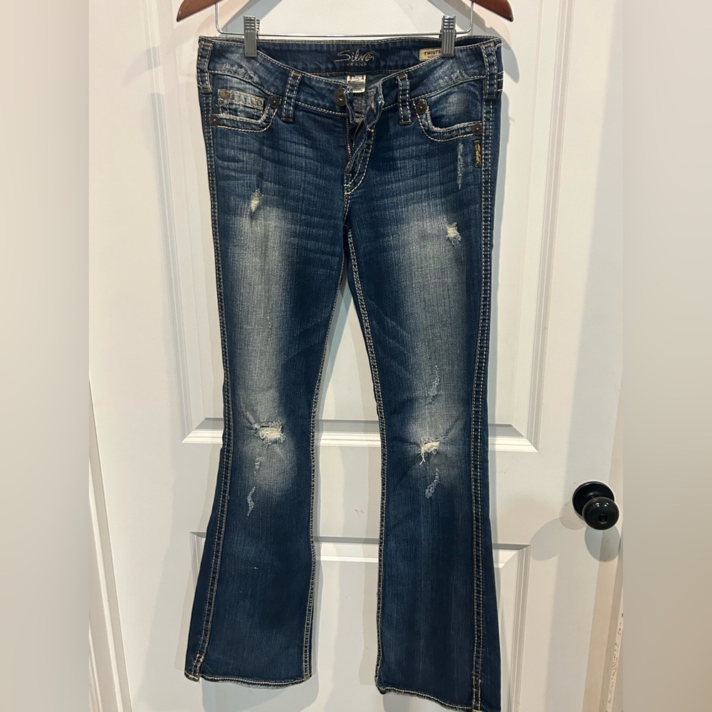Silver Jeans Dark Blue Distressed Flare Jeans